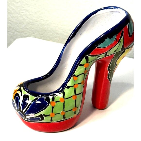 Talavera High Heel Mexican Hand Painted Pottery Ceramic Shoe Planter/ Trinket - Picture 2 of 5